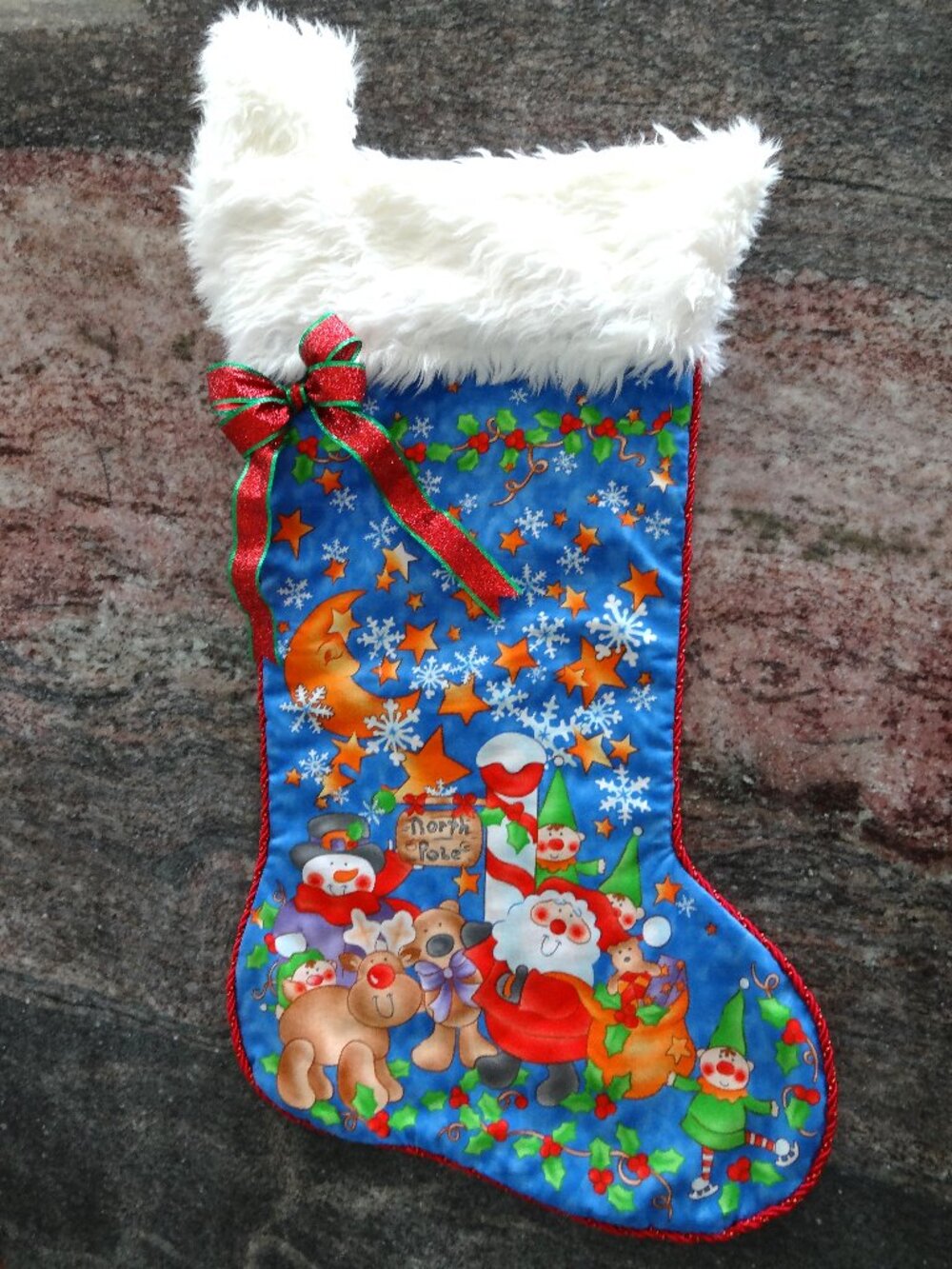 26"x12" Large Handmade Christmas Stocking Santa Elves and Reindeer